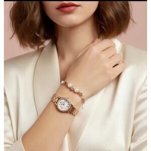 Rose Gold Watch & Handmade Bracelet Set New Battery Bundle Gift